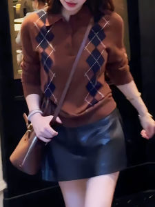 UYFY | Autumn Brown Polo Neck Knitwear Womens Casual Overhead Large Size Rectangle Apple Pear Body Type Universal Comfortable Top