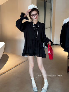 French Style Loose Long Sleeve Black Shirt Dress Womens Spring Summer High Waist Short A-Line Skirt Elegant Fashion Dress