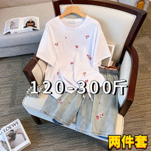 plus Size Cotton Half Sleeve T-Shirt And Denim Shorts Two Piece Set for Women Summer Casual Slimming Effect Comfortable Fit