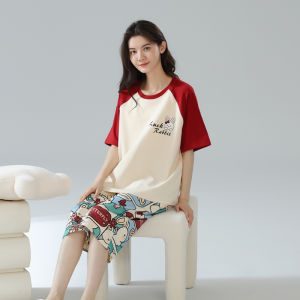 MiiOW | Pure Cotton Short Sleeve Sleepwear Set With Chest Pad Womens Casual Lightweight Summer Home Clothes Can Be Worn Outside