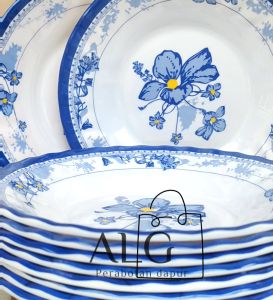 Promo 8Pcs Gratis sendok Piring makan melamin cekung motif kembang biru anti kelopek tahan panas