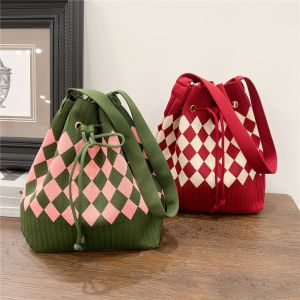 Open Drawstring Magnetic Snap Knitting One Shoulder Bag Large Capacity Handbag Bucket Bag Retro Easy Matching Portable Tote Bag