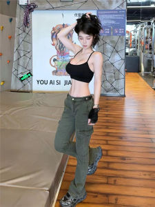 กางเกงยีนส์ทรงหลวมเอวต่ำสีเขียวทหารสไตล์อเมริกันสำหรับผู้หญิง กางเกงขายาวทรงหลวมสำหรับใส่ทำงานฤดูใบไม้ผลิและฤดูใบไม้ร่วง