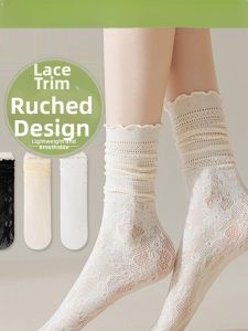 Elegant Lace Trimmed White Stack Socks Mid-calf