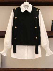 Fashionable Knitted Two-Piece Set Autumn 2025 Womens Polo Neck Slimming Shirt And Vest Set Youthful Looking Trendy Ensemble