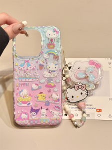 Dreamy Pink Kitty Fan Stand Rotatable Fairy Tale Park Design Mobile Phone Case Compatible with 16Promax 17 Models