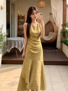 XUECAIQI | Resort Style Yellow Check A-line Maxi Dress