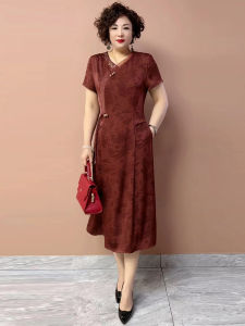 Silk Midi Dress New National Style Mid-Aged Womens Fashionable Summer 2025 Waist-Cinching Gown Short Sleeve V-neck Dress