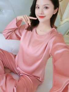 Áo Ngủ Lụa Băng Mùa Hè Cho Nữ Tay Dài Cổ Tròn Mỏng Thoải Mái Mặc Nhà Dài Quần Dài in Họa Tiết Ngọt Ngào