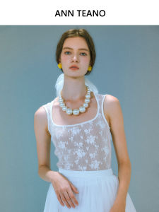 Ann Teano White French Vintage Square Collar Slim Fit Lace Vest New Arrival Womens Fashion Summer Short Zipper Plant Floral