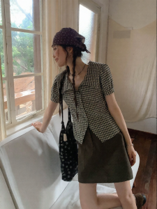 Mixd | Áo Sơ Mi Vintage Carô Buộc eo Tay Bồng Pháp