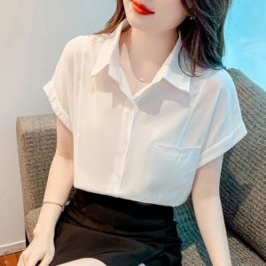 White Short Sleeve Shirt Womens Commute Summer New Style Thin Stand Collar Pure Color Top Loose Fit Button Detail OL Style