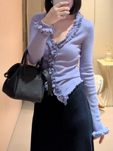 QINGNAER | French Style Ruffled V-neck Long Sleeve Elegant Top