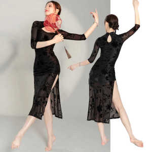 New Chinese Style Green Velvet Dance Dress Womens Slimming Gown Retro National Spirit Modified Qipao One Piece Skirt