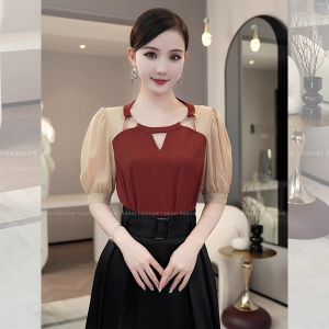 French Style Splice Red Design Sensation round Neck Hollow out Shirt Summer New Style High Fashion Feeling Elegant Top for Women