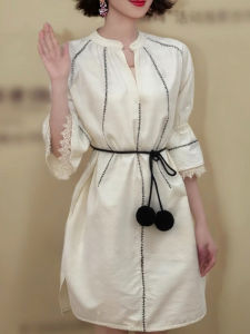 Shalldoer | Váy trắng thanh lịch mùa hè 2025 Váy chữ A dài tay dài cổ chữ V dành cho nữ Váy bó eo cao sang trọng độc đáo