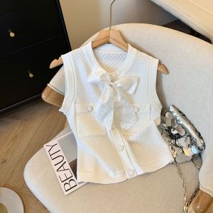 Blue Beaded Butterfly Knot Vest Womens Summer High-End Single Button Sleeveless Hollow out Short Top Fashion Elegant Style