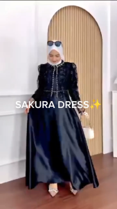 Gamis Brokat Simple Elegan Sakura Dres Silk Premium Mix Brukat Aplikasi Payet Mutiara M L XL XXL 3XL Dress Set Outer Jumbo Wanita Kondangan Kekinian Ootd Remaja Hijab Warna Mahogany Burgundy Hitam