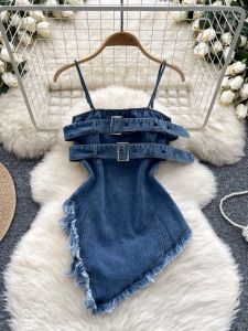 Áo Vest Denim Không Dây Cổ Điển Cho Nữ Mùa Hè Viền Tua Rua Không Đều Cảm Giác Cao Cấp Áo Vest Pure Desire