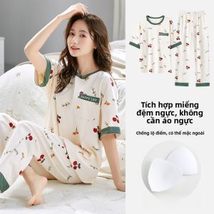 Áo Ngủ Cotton Mùa Hè Cho Nữ Áo Ngủ Cotton Mỏng Tay Ngắn Quần Dài Phong Cách Hàn Quốc Mùa Xuân Hè Hoạt Hình Dễ Thương Mặc Ngoài Trời Quần Áo Mặc Nhà Bằng Cotton