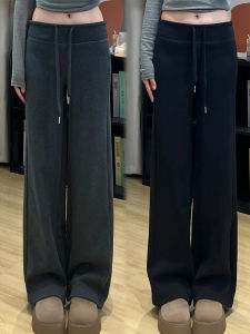 Womens Fleece Lined High Waist Loose Fit Casual Pants Deep Grey Sporty Trousers Comfortable plus Size Straight Leg Trousers