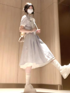 QINWEIYU | Korean College Style Striped Shirt Dress Women Summer New Miu Waist Cinching Miniature Long Skirt Sweet High Waist Polyester Fiber