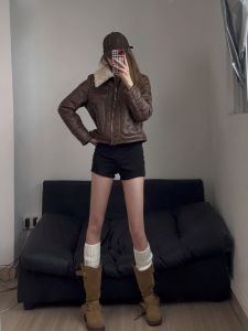 เสื้อแจ็คเก็ตสั้นผ้าขนสัตว์ทรงสลิมฟิตสำหรับผู้หญิงในฤดูใบไม้ร่วงและฤดูหนาว เสื้อคาร์ดิแกนเปิดยาวแขนสั้นสไตล์ไฮเอนด์