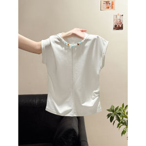 La Chapelle | Blue Beaded Wrinkle Waist T-shirt