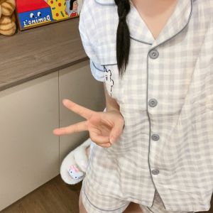 Blue Plaid Bear Summer Lightweight Cotton Pajamas Short Sleeve Shorts Home Clothes Womens Cute Open Cardigan Home Comfortwear