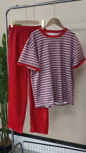 FunnyeS Korean Style for Womens Striped Short Sleeve Tee & Wide Leg Pants 2-Piece Set 2915