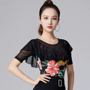 Women Mid-Length Sleeves Print Mesh Ruffle Latin Dance Top Autumn Samba Practice Party Dancewear Performance Accessories