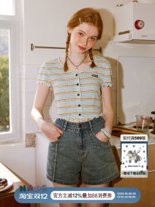 Summer Short Sleeve Knitted T-Shirt Womens Sweet American Retro BM Style V-Neck Top Colorful Stripes Sleepwear Casual Shirt