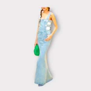 P010-285 PIMNADACLOSET - Womens Casual Denim Overall Dress Pockets Buttons Midle Slit Pinafore Dressest And Tee Shirt Set