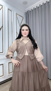 Rompi Bordir Fatika 0187-3748 – Midi Dress Rayon Twill Premium Busui Depan Kra Leher Rompi Kancing Bordir Tali Pinggang Lengan Panjang Bawah Mayung Elegan Kekinian