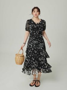 MONIKADM | Đầm Voan Lụa V-Cổ Hoa Flounce