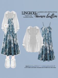 NUMEN BUTTON | Plus Size Summer Sun Protection French Style Retro Oil Painting Floral Print Two Piece Set Dress