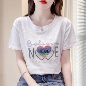 สบายๆผ้าฝ้ายเสื้อยืดผู้หญิง 2024 ฤดูร้อนสไตล์ใหม่พิมพ์Rhinestoneแขนสั้นหลวมFit Anti-Aging Design