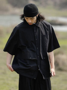 Noears สีดำ Retro Multi-Pocket หลวม เสื้อเชิ้ตแขนสั้นพอดีตัวบาง ผ้าฝ้าย สไตล์ชุดทํางาน ฤดูร้อน เสื้อท่อนบน ระบายอากาศได้ดี เยาวชน ลำลอง