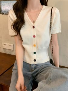 Chic Versatile Slim Fit V-Neck Knit Cardigan Summer Thin Short Sleeve Design Womens Fashion Overwear for Birthday Party