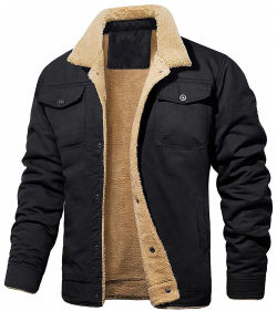 Mens Jackets Winter Faux Shearling Lined Windproof Warm Coat Black Buttoned Parka Pockets Comfortable Casual Tops US Size