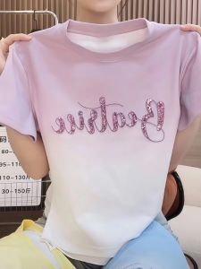 Summer 2025 Bright Sequin Loose Womens T-shirt Short Sleeve Color Block Design Slimming Top Durable Cotton Moisture Wicking