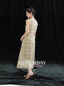 Retro Checkered Twist Design V-Neck Sleeveless Slim Fit Summer Midi Dress