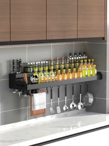 Stainless Steel Kitchen Spice Rack Wall-Mounted Seasoning Supplies Rack Multifunction Knife Holder Punch-Free Storage Shelf Rak Rempah Dapur