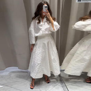 PRINTKAOIR Elegant Shirt Skirt Set Women Lapel Long Sleeve T-shirt High Waist Pleated Long Skirts Suits Summer Street Lady Sets