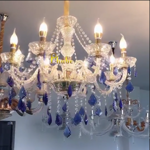 Phube Lighting Luxury Blue+Gold Crystal Chandelier Modern Hanging Light for Living Room Easy Install