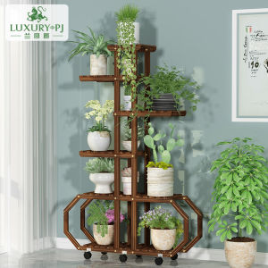 Modern Minimalist Living Room Floor Standing Balcony Storage Rack Solid Wood Multi-layer Green Ivy Plant Pot Stand