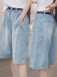 Shalldoer | Casual Floral Print Five-Point Jeans Womens Summer Fashion Anti-Aging Workwear Denim Pants High Waist Straight Leg Loose Fit