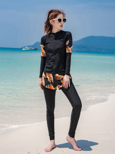 Womens Conservative Slimming Long Sleeve Dive Suit Surfing Two Piece Swimsuit Sun Protection Vacation Hot Spring Resort Swimwear