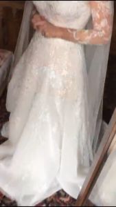 Illusion square neckline lace wedding dress with long sleeves princess ball a line elegant gown