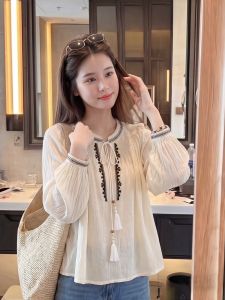 PAIBOLI | Áo Sơ Mi Tay Dài Màu Vàng Cổ Đứng Phong Cách Pháp Elegante